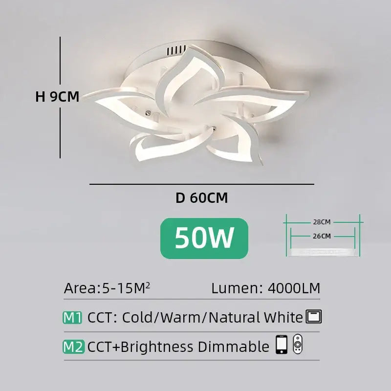 Modern white lotus flower ceiling light chandelier with petal-shaped design and 50w power for living room lighting