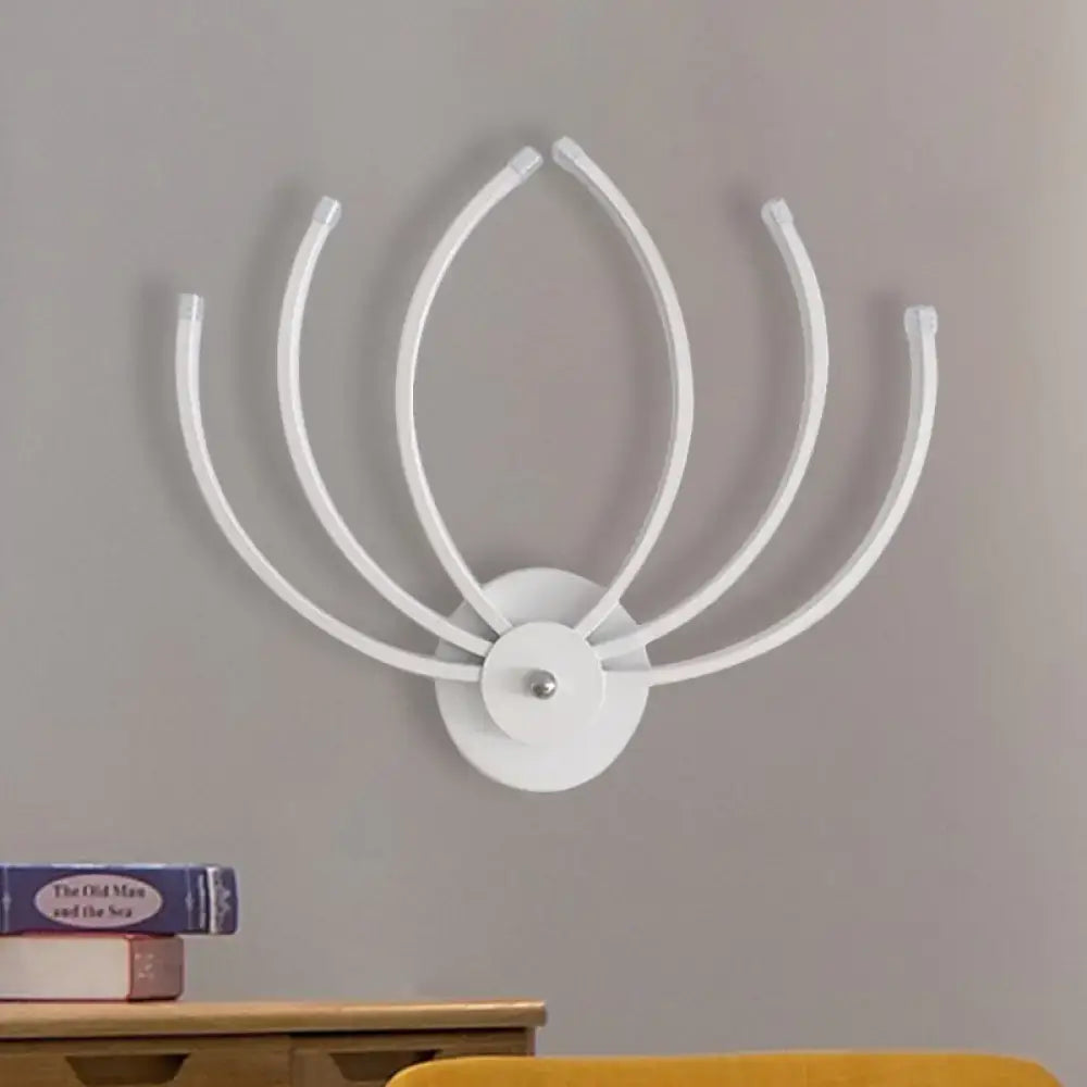 Modern white lotus wall sconce with five curved slender arms and LED light ideal for bedroom wall sconce lighting