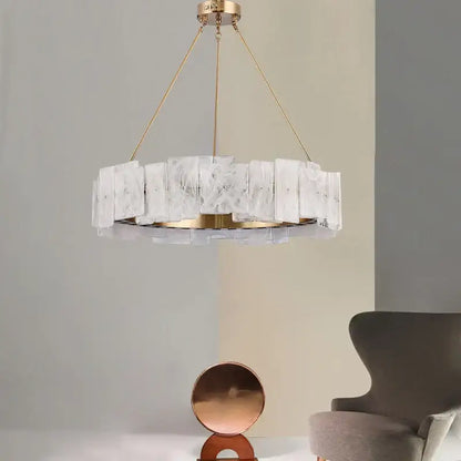 A modern white marble and gold cloud mist glass pendant light with circular frame ideal for dining room decorbites cloud mist