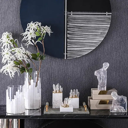 Modern white marble crystal stone vase with vertical white crystal columns and delicate white flowers for living room decor