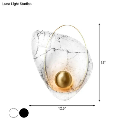 Modern white marble and gold teardrop wall lamp with spherical accent and gold-toned frame fixture height suitable for living room