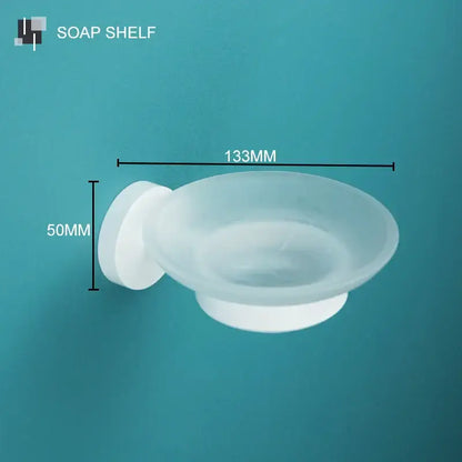 Modern white matte metal bathroom accessory set featuring a white frosted glass soap shelf with adhesive backing decorbites bathroom accessory