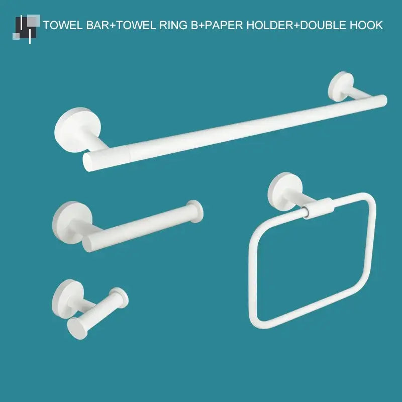 Modern white matte metal bathroom accessory set with towel bar ring paper holder and double hook by decorbites bathroom