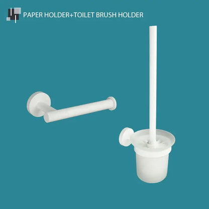 Modern white matte metal decorbites bathroom accessory set with paper roll rack and toilet brush stand for bathroom use