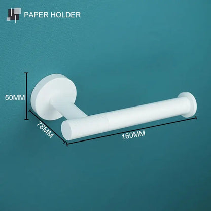 Modern white matte metal bathroom accessory set featuring a white plastic paper holder with circular base decorbites bathroom accessory