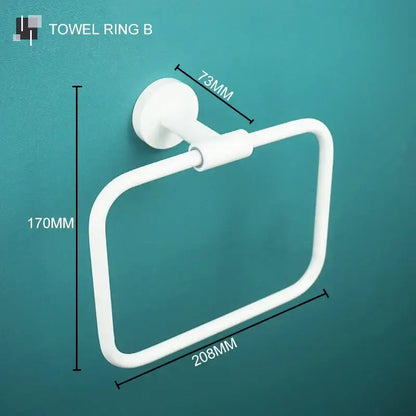 Modern white matte metal towel ring with circular base and rectangular loop in decorbites bathroom accessory set