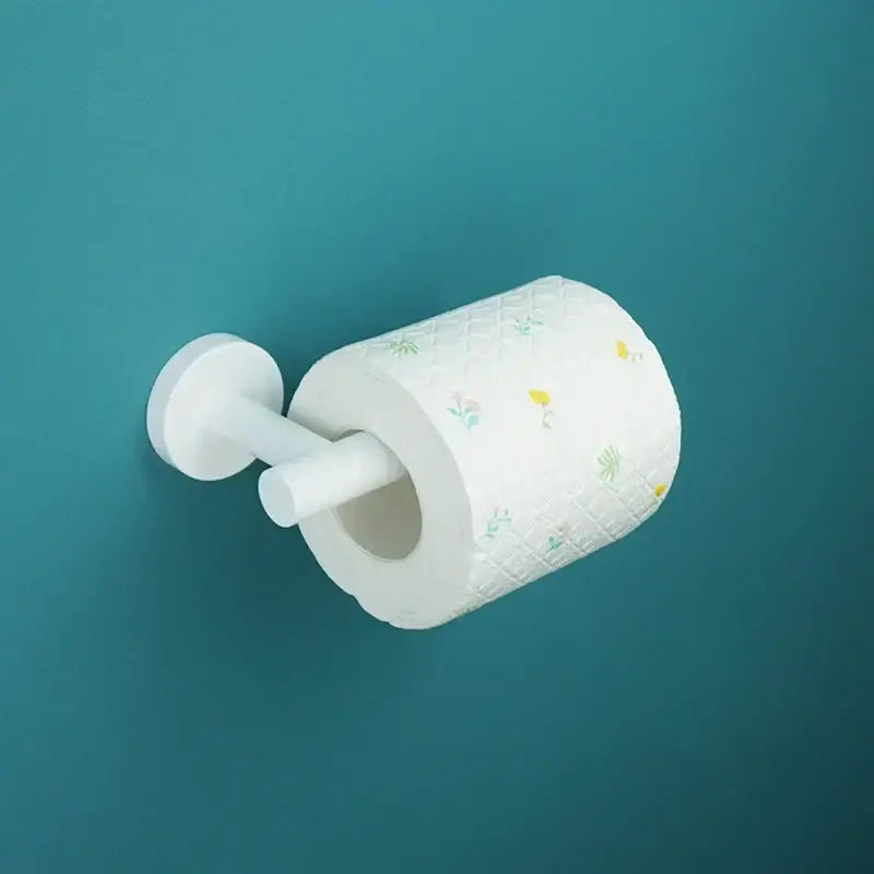 Modern white matte metal bathroom accessory set with white floral and yellow bee patterned toilet paper roll decorbites bathroom accessory