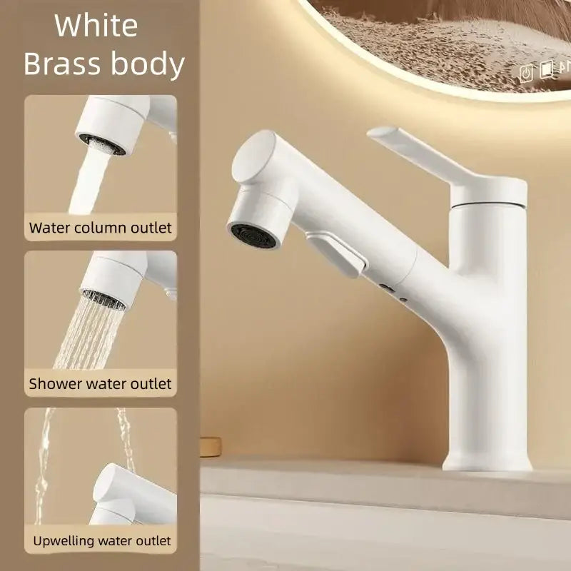 Modern white matte brass decorbites basin faucet with pull-out design and multiple water outlets including shower head