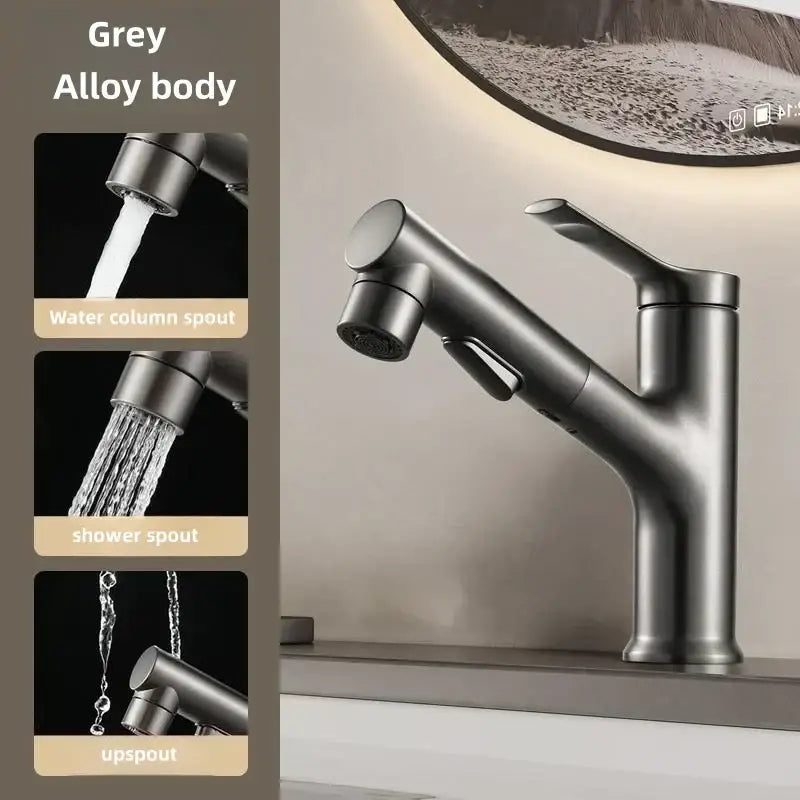 Modern white matte pull-out decorbites basin faucet with grey alloy integrated water column and shower spout, minimalist design