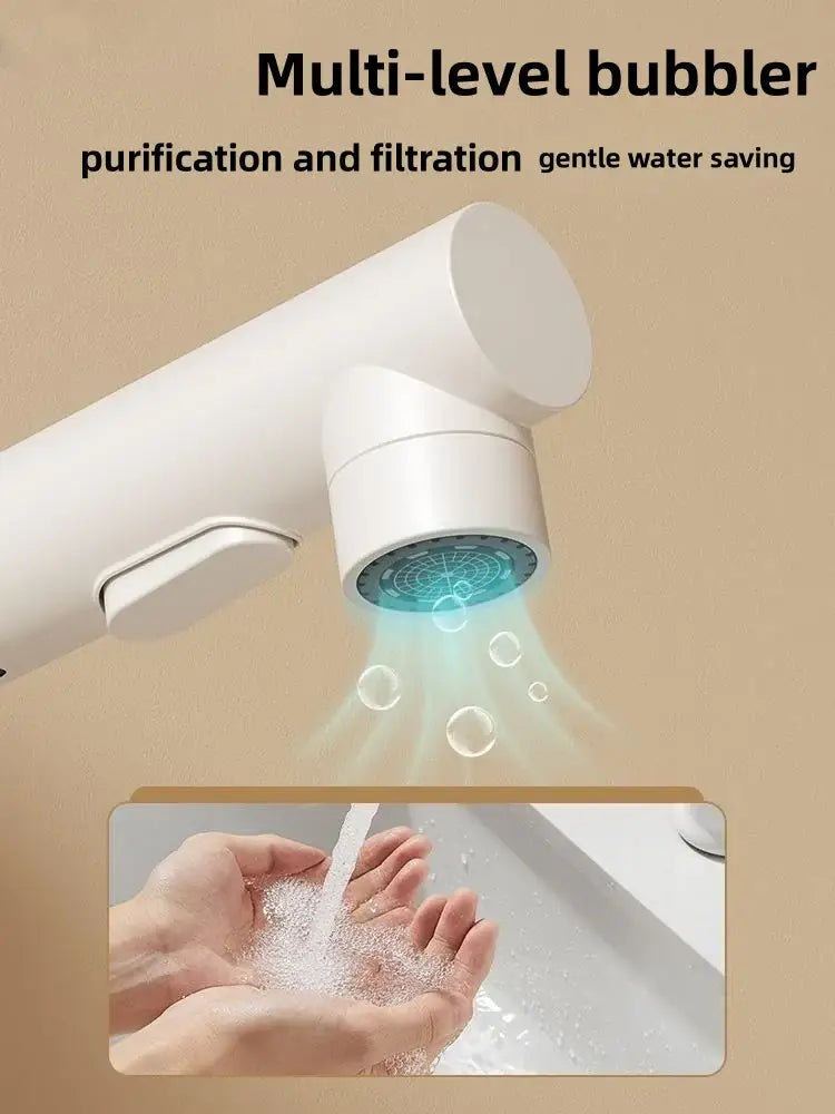 Modern white matte pull-out faucet with multi-level bubbler and blue glowing filtration system for decorbites basin faucet