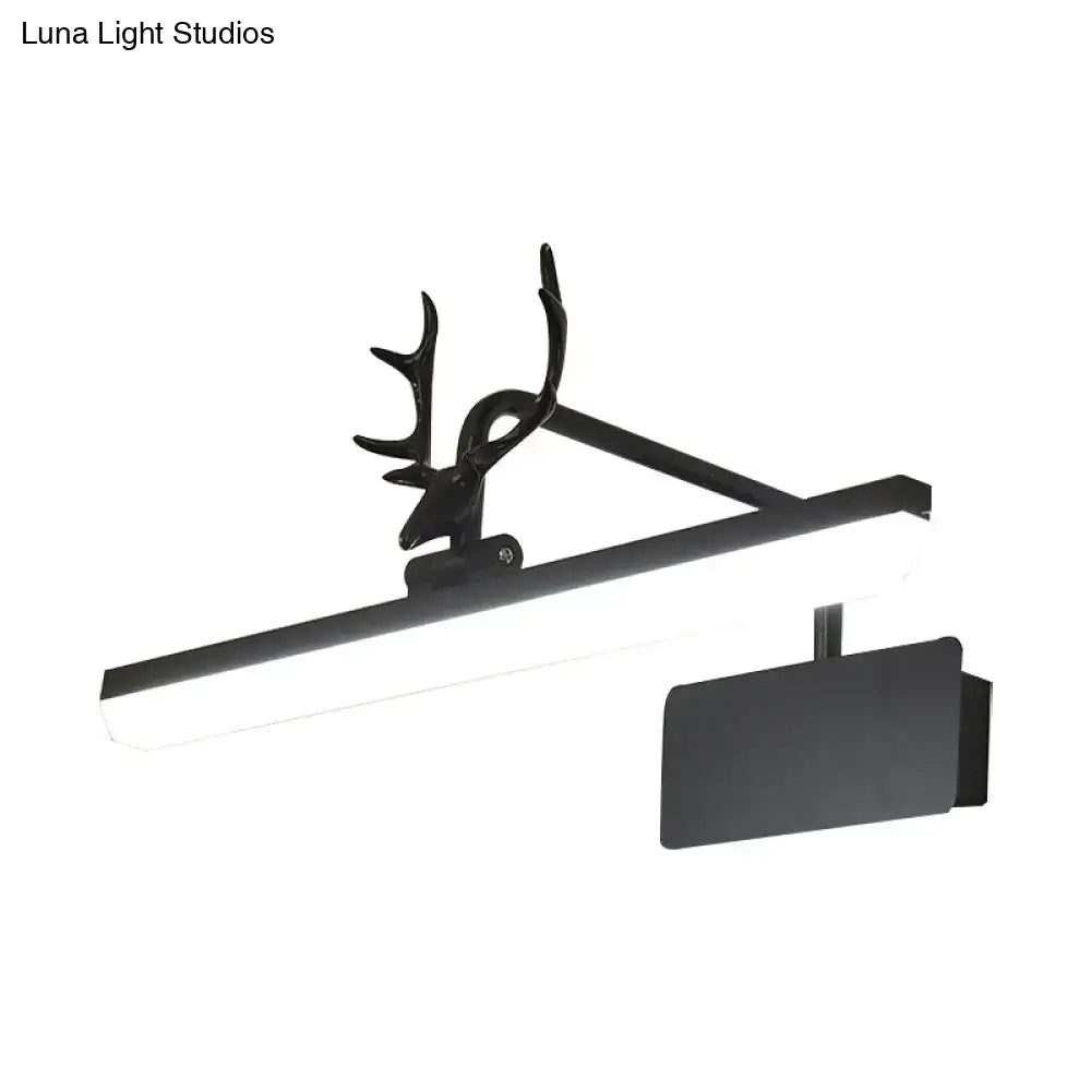 Black metal deer antler-themed led task vanity wall lamp with sleek rectangular lamp bar for bathroom use