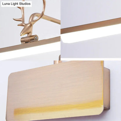 Gold-toned deer-head vanity wall lamp with brushed metal finish and rectangular LED panel for modern bathroom vanity wall use
