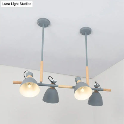 Modern gray metal dome shade island chandelier with four adjustable dome shades in wood and metal finish by DecorBites
