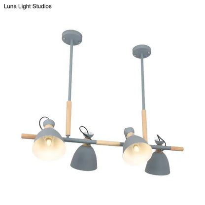 Modern gray and wood-toned metal dome shade island chandelier with four adjustable dome shade heads for kitchen island lighting