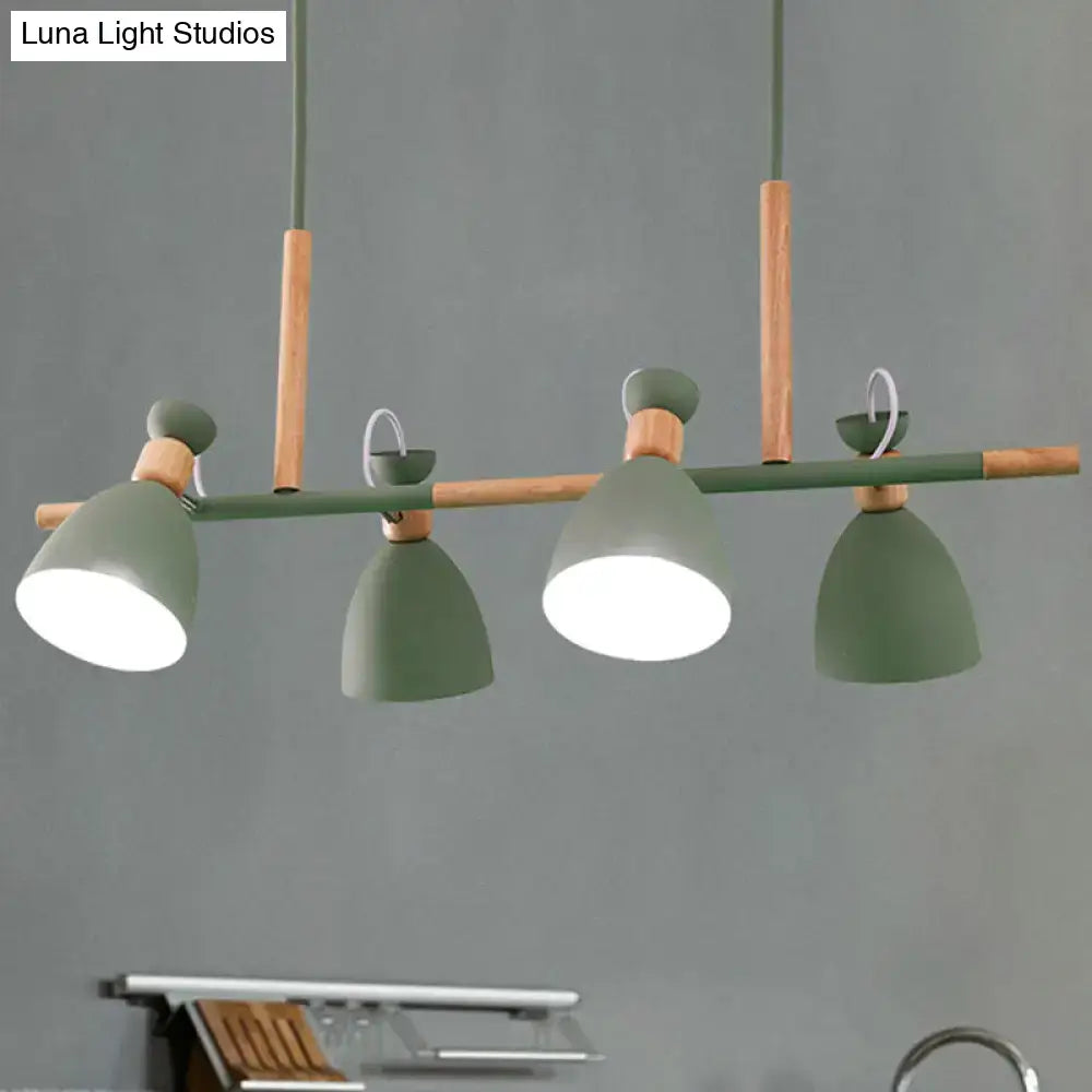 Modern green pendant light with wooden accents and metal dome shade in a decorbites shade island chandelier design
