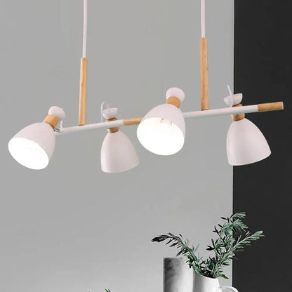 Modern white and wood-toned metal dome shade island chandelier with three adjustable spotlight heads for nordic style lighting