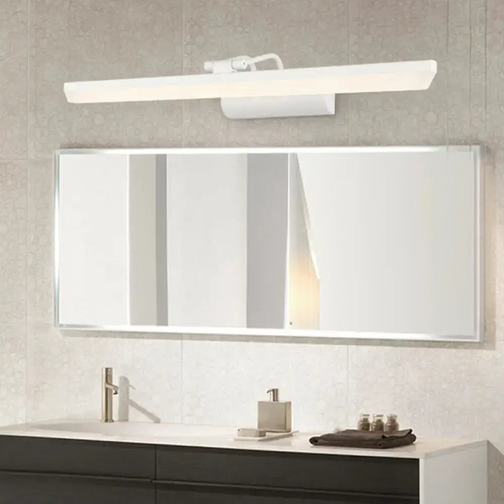 Modern white metallic cylinder vanity LED lamp with sleek rectangular mirror light and adjustable arm for bathroom use