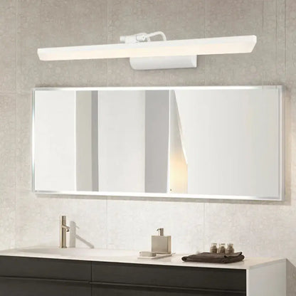 Modern white metallic cylinder vanity LED lamp with sleek rectangular mirror light and adjustable arm for bathroom use