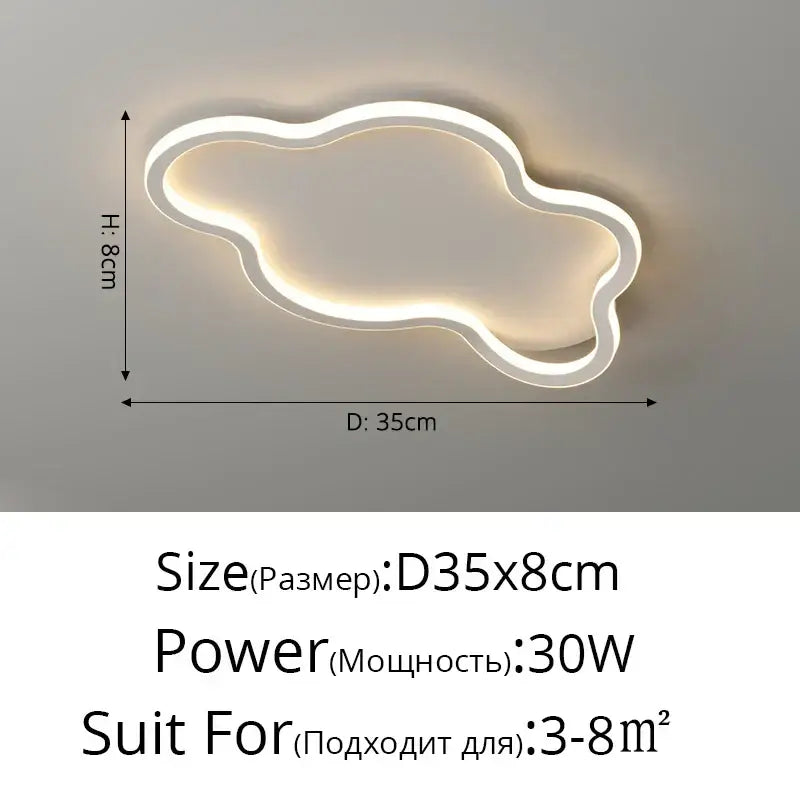 A modern white minimalist led ceiling light strip with cloud-shaped frame and warm glowing illumination for living room