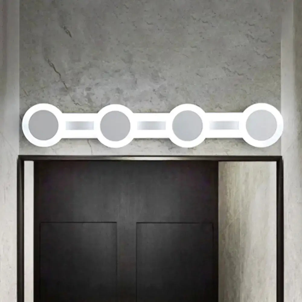 Modern white minimalist led vanity light with four circular bulbs 110v-120v maximum bulb wattage for bathroom wall use