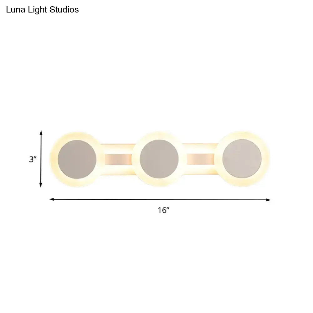 Modern white minimalist LED vanity light with three frosted glass shades warm glow 110v-120v maximum bulb wattage