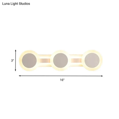 Modern white minimalist LED vanity light with three frosted glass shades warm glow 110v-120v maximum bulb wattage