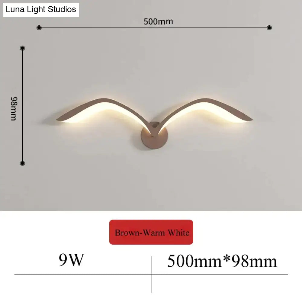 Brown-warm white 9w nordic avian style wall lamp 500mm x 98mm modern indoor bird-shaped light fixture