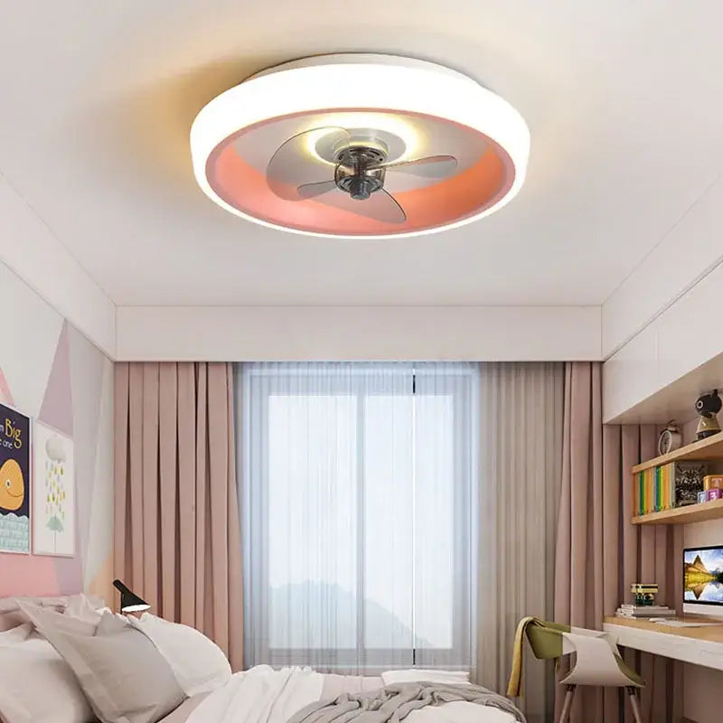 Modern white and orange circular ceiling fan light with integrated lighting for bedroom use featuring orange inner glow