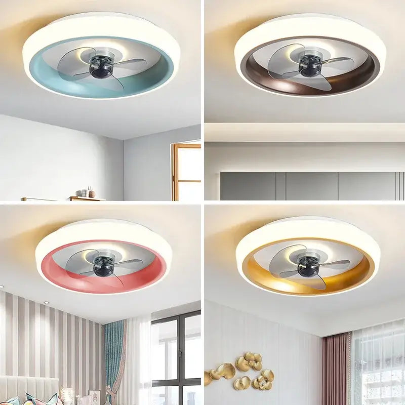Modern white and orange circular ceiling fan light with colored inner accents for bedroom ceiling fan light use