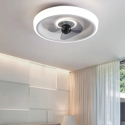 Modern white and orange circular ceiling fan light with sleek black blades and integrated led for bedroom use