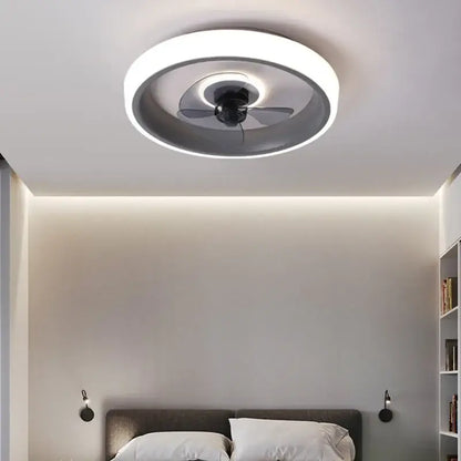 Modern white and orange circular ceiling fan light with integrated led lighting and sleek gray inner housing for bedroom use