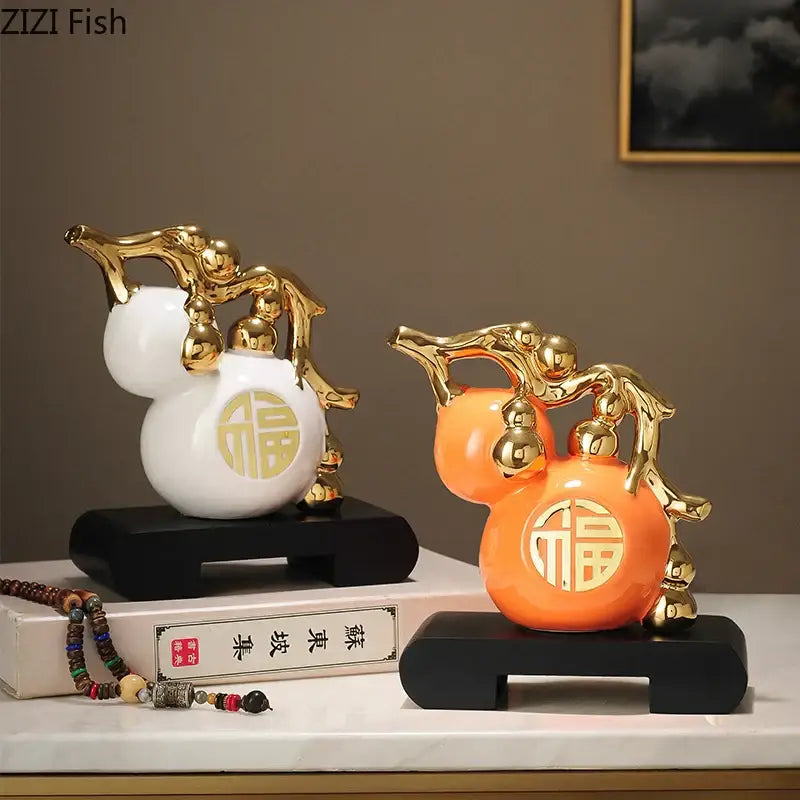 Modern white and orange golden gourd ceramic sculpture with gold accents and 福 design for living room decorbites decor