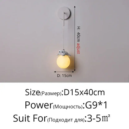 Modern white panda bear bedroom wall lamp with soft yellow spherical pendant and gray raccoon decorbites bear bedroom