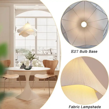 Modern white petal fabric pendant light with geometric design and visible internal support for warm bedroom glow