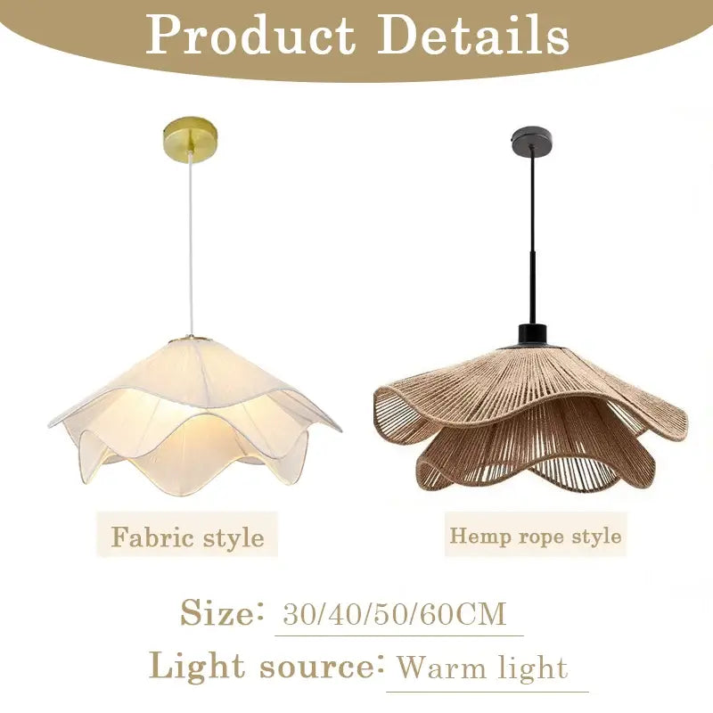 Modern white petal fabric pendant light with soft white shade and woven hemp cord pendant for warm bedroom glow