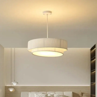 Modern white pleated fabric pendant light with cylindrical shade and metal fixture for decorbites creamy style e27 bedroom decor