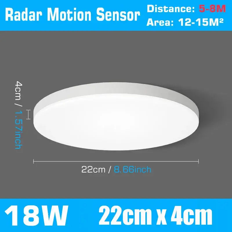 Modern white ceiling lamp with radar motion sensor 18w power 22cm by 4cm for hallway lighting