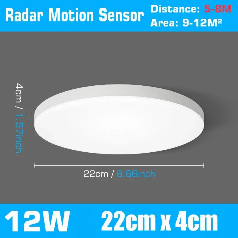 Modern white ceiling lamp with radar motion sensor 12w power and 22cm by 4cm dimensions for hallways