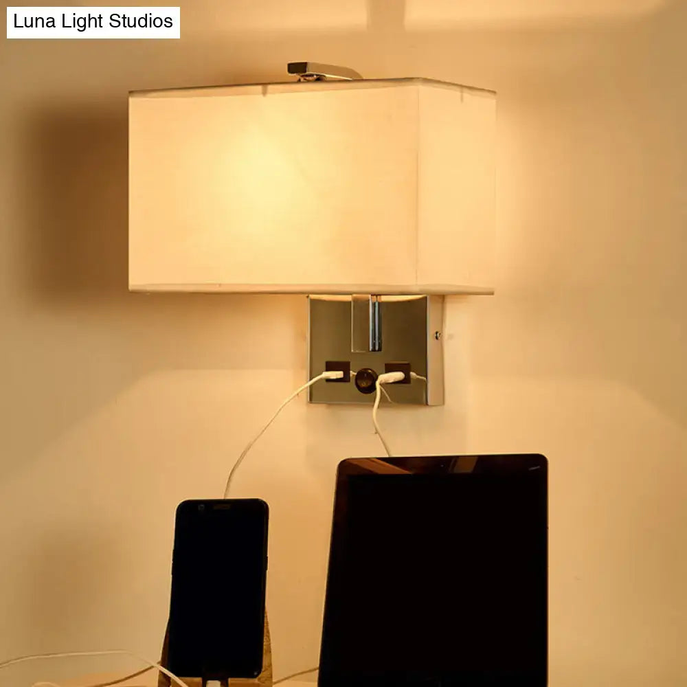 Modern white rectangle wall light kit with cream fabric shade and brushed metal base with usb ports for bedroom use 220v-240v 110v-120v