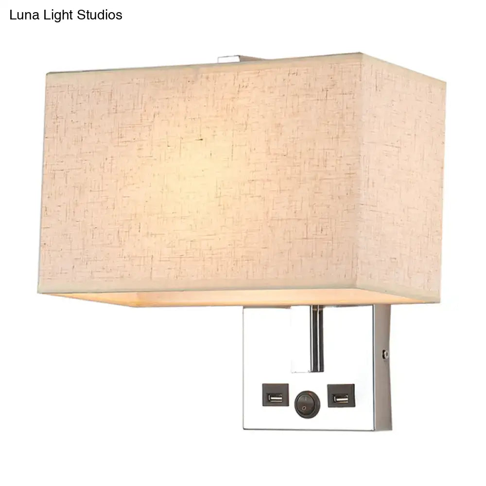 Modern white rectangular wall light kit with beige fabric shade chrome base and usb ports for 220v-240v 110v-120v use