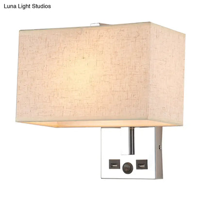Modern white rectangular wall light kit with beige fabric shade chrome base and usb ports for 220v-240v 110v-120v use
