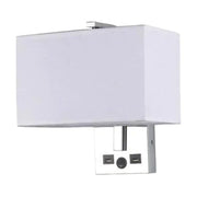 Modern white rectangle wall light kit with sleek chrome base featuring usb ports and central power button for bedroom use