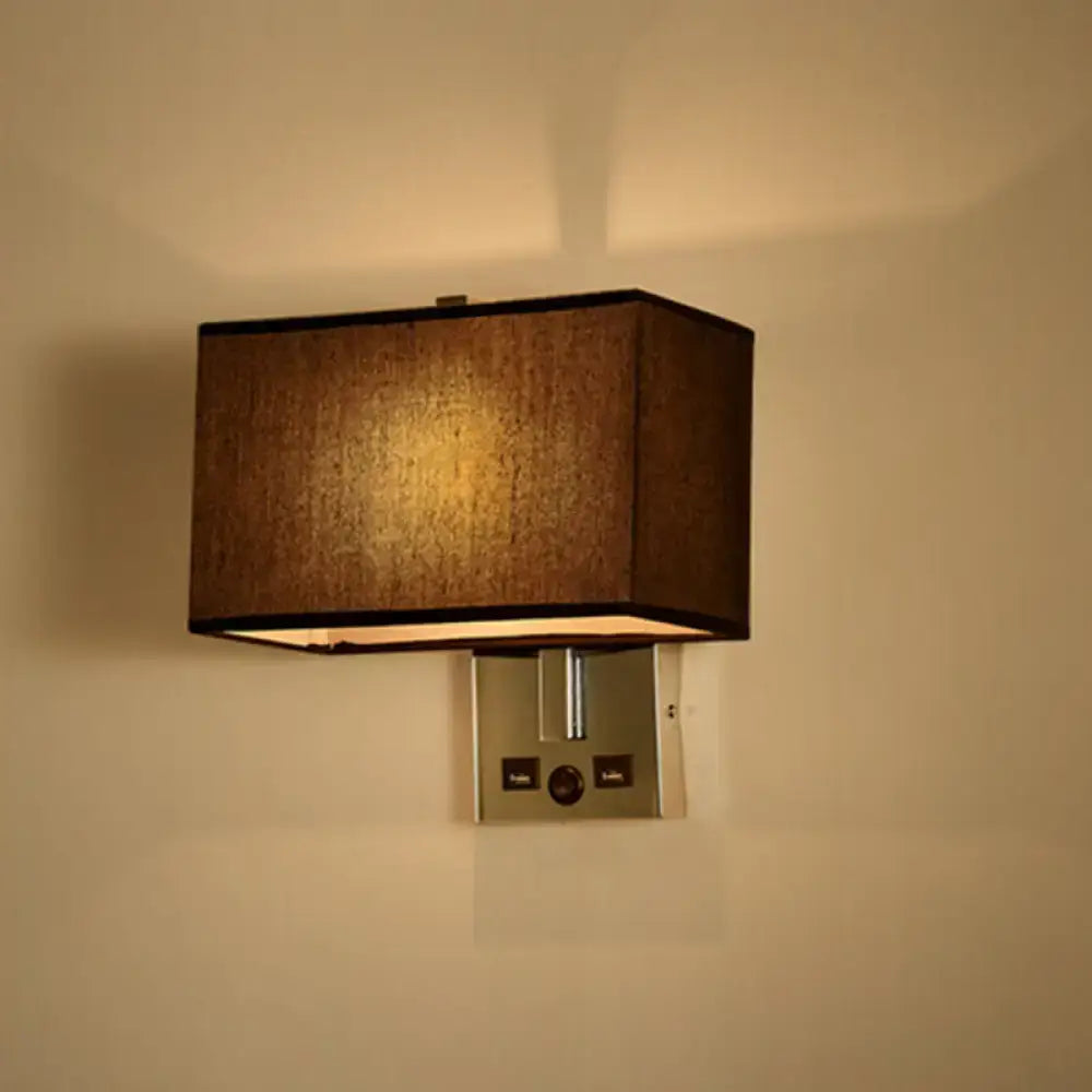 Rectangular brown fabric lampshade mounted on sleek silver metal wall light kit with control buttons usb ports 220v-240v 110v-120v