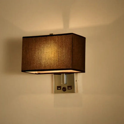 Rectangular brown fabric lampshade mounted on sleek silver metal wall light kit with control buttons usb ports 220v-240v 110v-120v