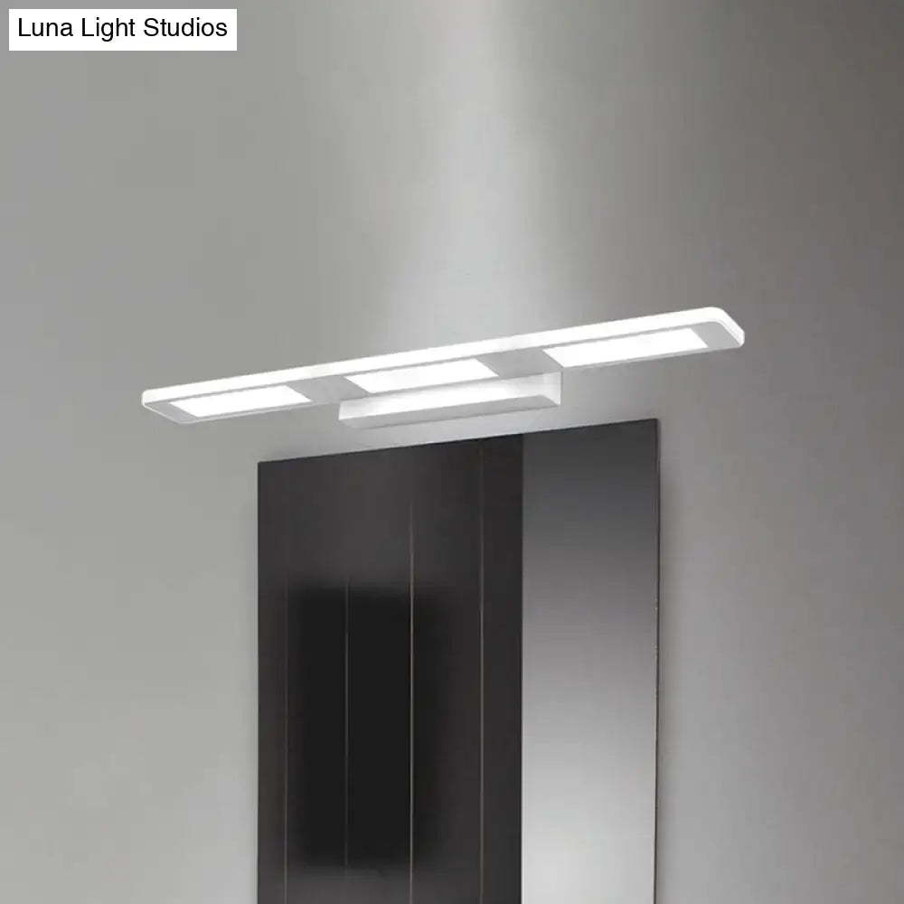 Modern white rectangular acrylic vanity wall light with sleek design and three illuminated LED panels for bathroom decor