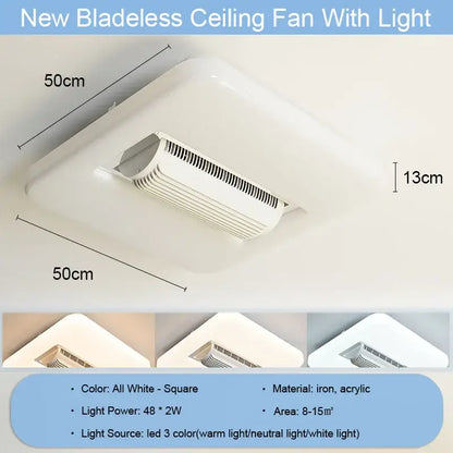 Modern white rectangular bladeless ceiling fan light made of iron and acrylic for bedroom use fan light design