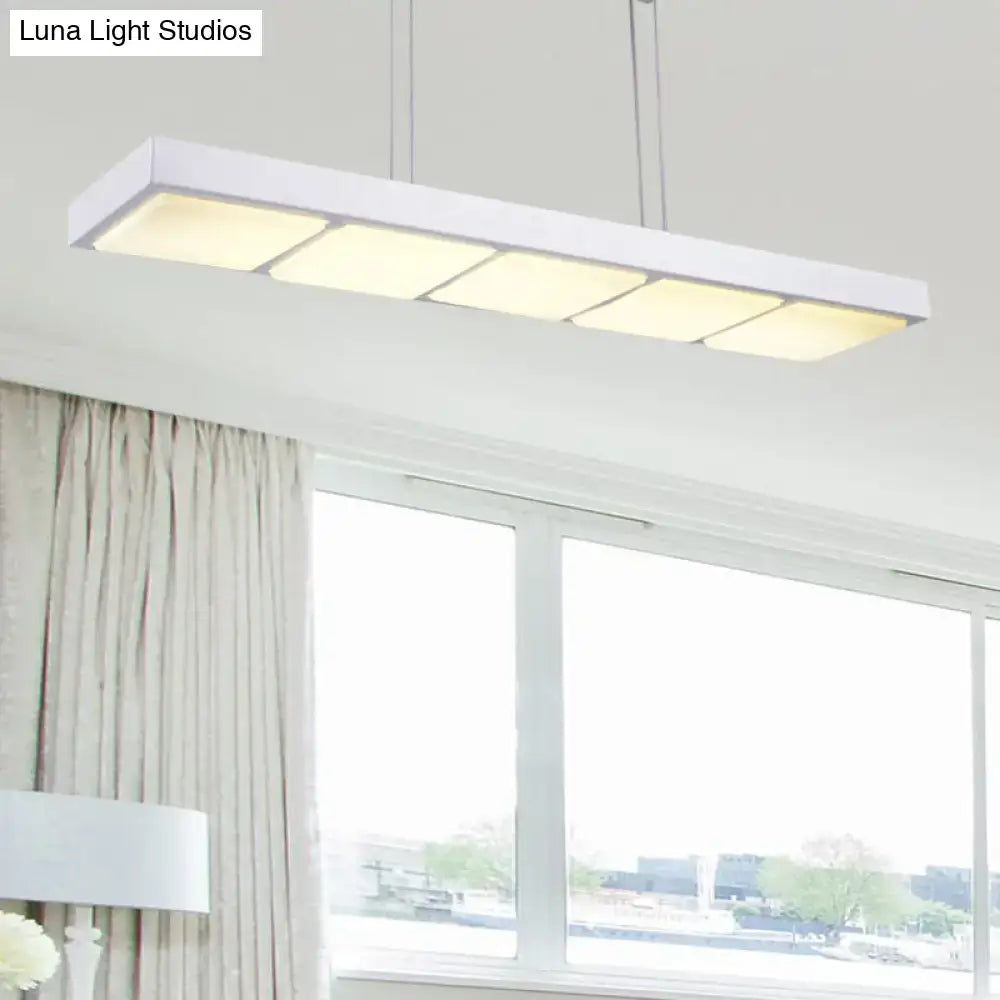 Decorbites modern metal rectangular island lamp in white with five softly glowing panels for office lighting