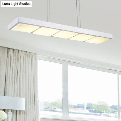 Decorbites modern metal rectangular island lamp in white with five softly glowing panels for office lighting