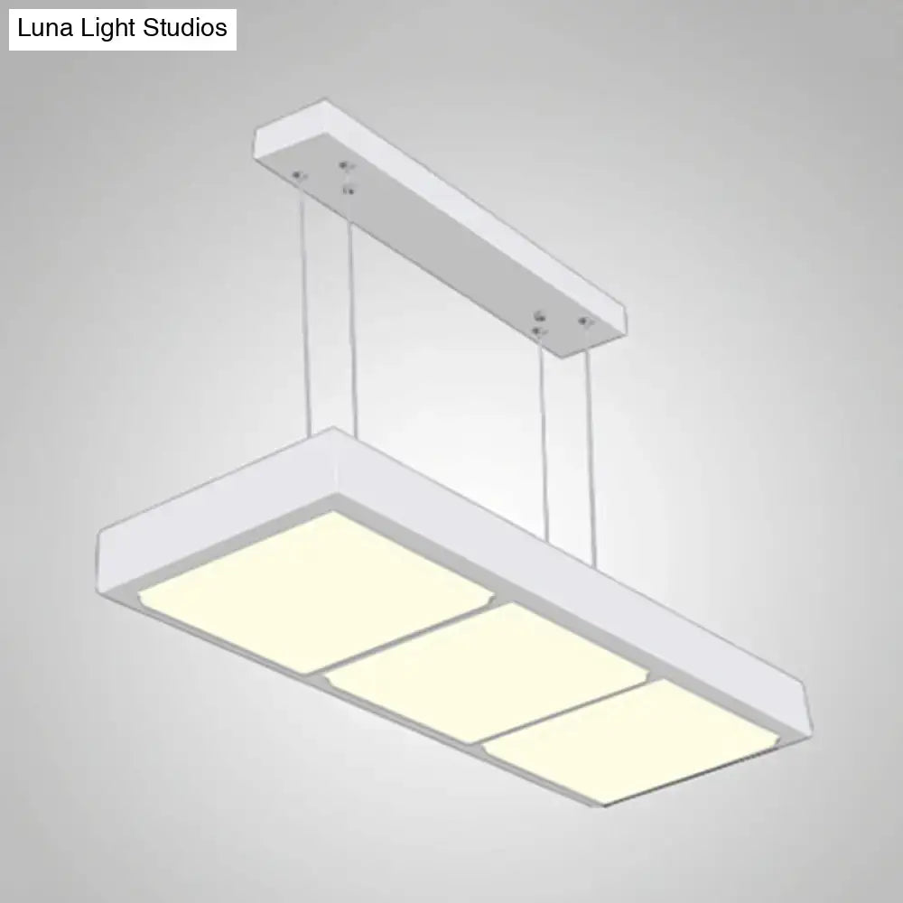 Modern white metal rectangular island lamp with three illuminated panels ideal for office hanging light