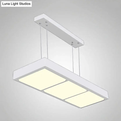 Modern white metal rectangular island lamp with three illuminated panels ideal for office hanging light
